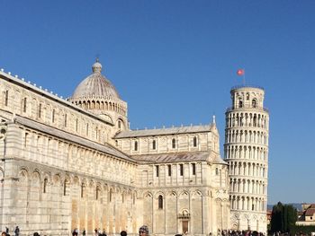 Low angle view of historical building against clear blue sky