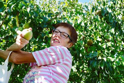 Portrait of young woman holding fruits and tree