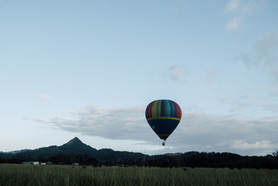 Hot air balloons flying against sky