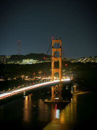 Illuminated suspension bridge at night