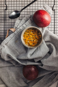 High angle view of fruits in bowl on table