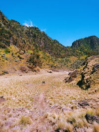 Scenic view of landscape against clear blue sky