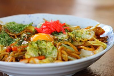 Close-up of food served in bowl at table