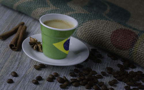 High angle view of tea served on table