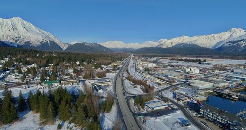Panoramic shot of snowcapped mountains against clear blue sky
