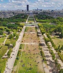 Aerial view of park in city against sky