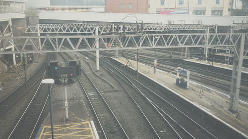 High angle view of railroad station against sky