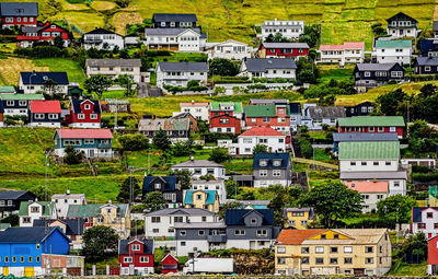 High angle view of buildings in city