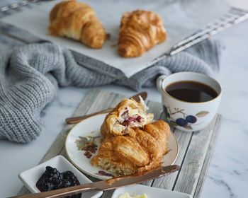 High angle view of breakfast served on table