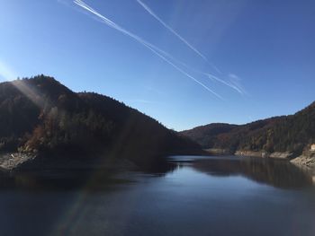 Scenic view of lake and mountains against clear sky