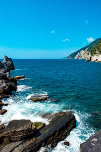 Scenic view of sea against blue sky