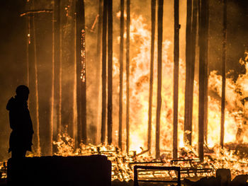 Silhouette man standing by forest fire