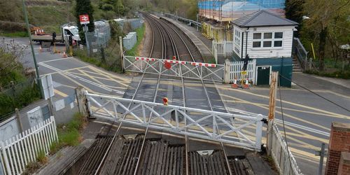 High angle view of barricades at railroad crossing