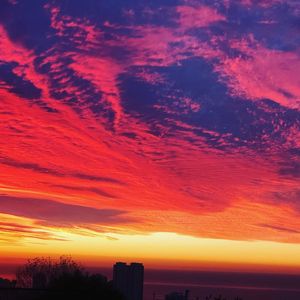 Silhouette buildings against dramatic sky during sunset