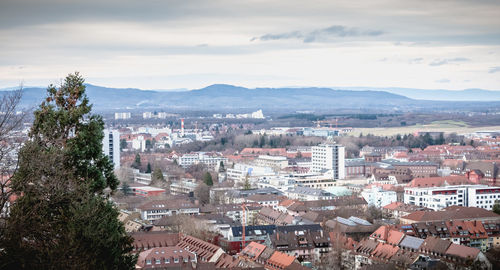 High angle shot of townscape against sky