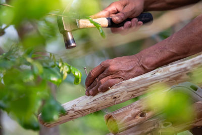 Close-up of a man hammering nails on a eucalyptus wood roof frame. house design using miniature 