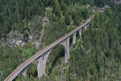 High angle view of bridge against trees