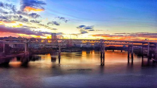 Bridge over river with city in background