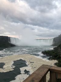 Scenic view of waterfall against cloudy sky