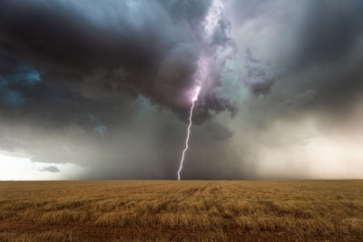 Powerful thunderstorm and lightning strike over a field in texas.