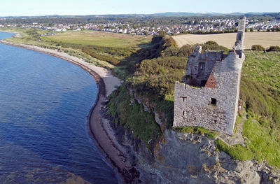 High angle view of historic building against sky