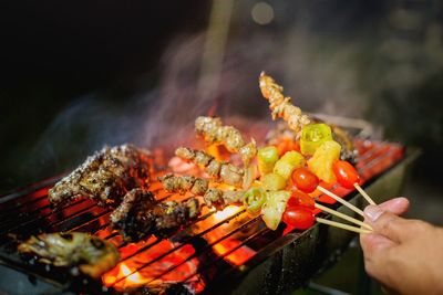 Close-up of person preparing food on barbecue grill