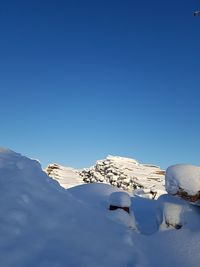 Snow covered mountain against clear blue sky