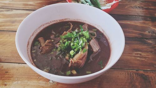 High angle view of soup in bowl on table