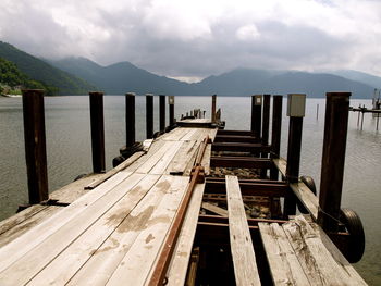 Wooden pier over lake against sky