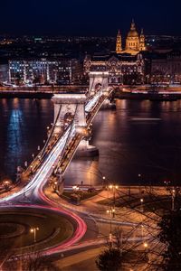 High angle view of illuminated bridge at night