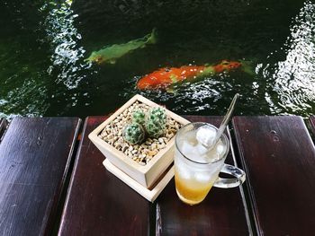 High angle view of drink on table