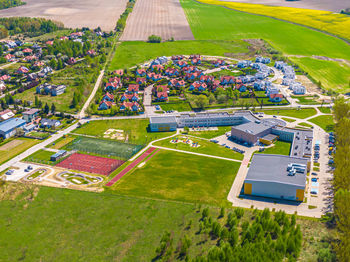 Aerial view landscape school and ground in urban city