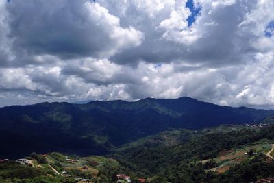 Scenic view of mountains against cloudy sky