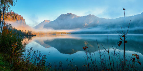 Scenic view of lake and mountains against sky