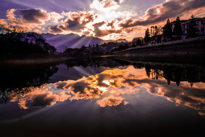 Scenic view of river against sky at sunset