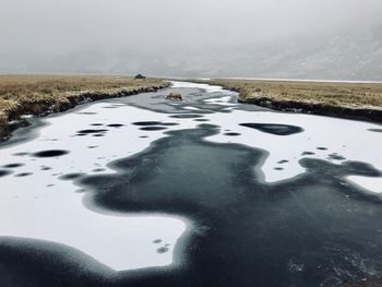 Scenic view of lake against sky during winter