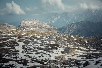 Scenic view of snowcapped mountains against sky