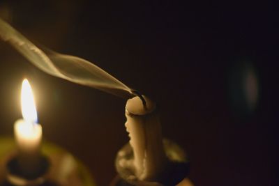 Close-up of lit candle in the dark