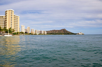 Scenic view of sea by city buildings against sky