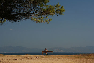 Man sitting on bench by tree against sky