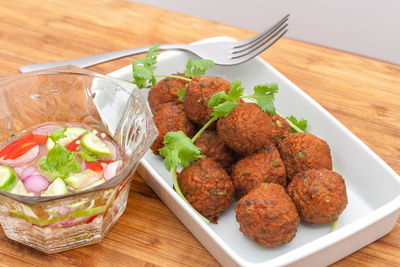 High angle view of food served on table