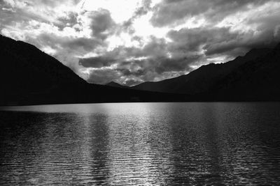 Scenic view of lake and mountains against sky