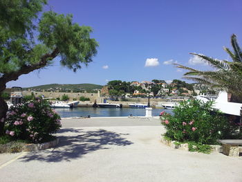 View of calm beach against blue sky