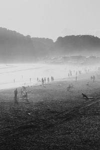 Silhouette people playing soccer against sky