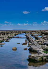 Scenic view of rocks against blue sky