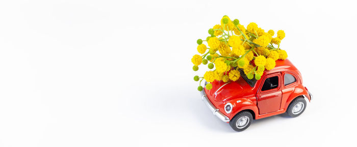 Close-up of red car on white background