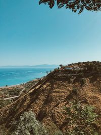 Scenic view of sea against clear blue sky