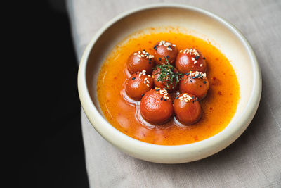 Close-up of soup in bowl on table