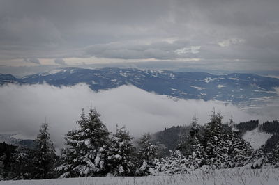 Scenic view of snow covered mountains against sky