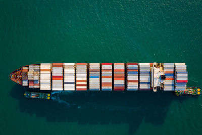 High angle view of container ship in sea